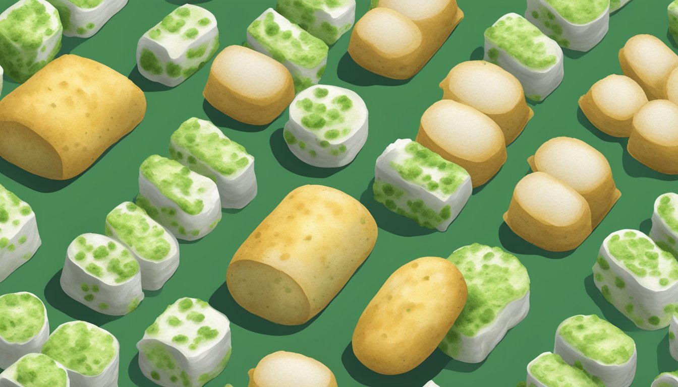 A moldy Martin's potato roll sits on a plate, surrounded by other rolls. The mold is visible on the surface, with green and white fuzzy patches