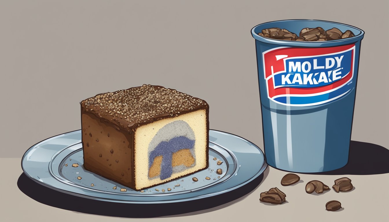 A moldy Tastykake snack cake sits on a plate, surrounded by a caution sign and a trash can