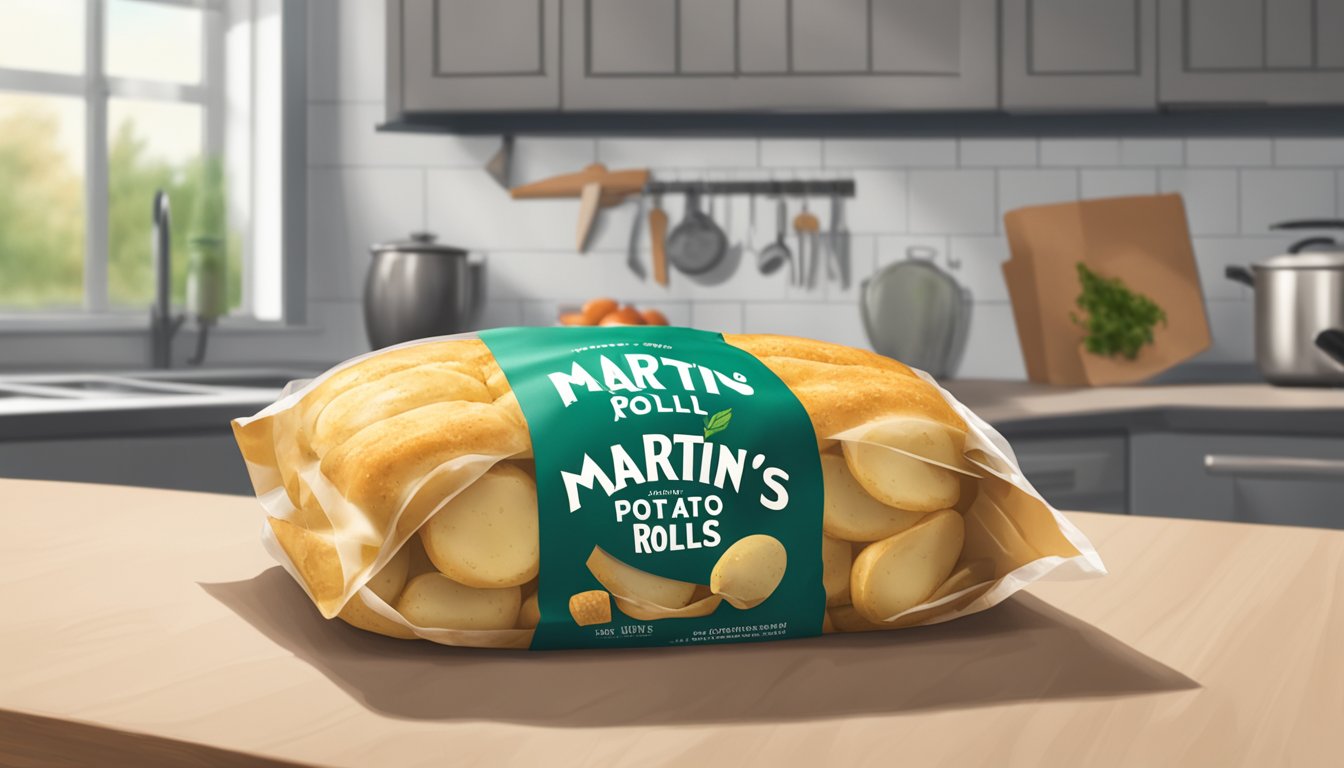 A moldy package of Martin's potato rolls sits on a kitchen counter, with a question mark hovering over it