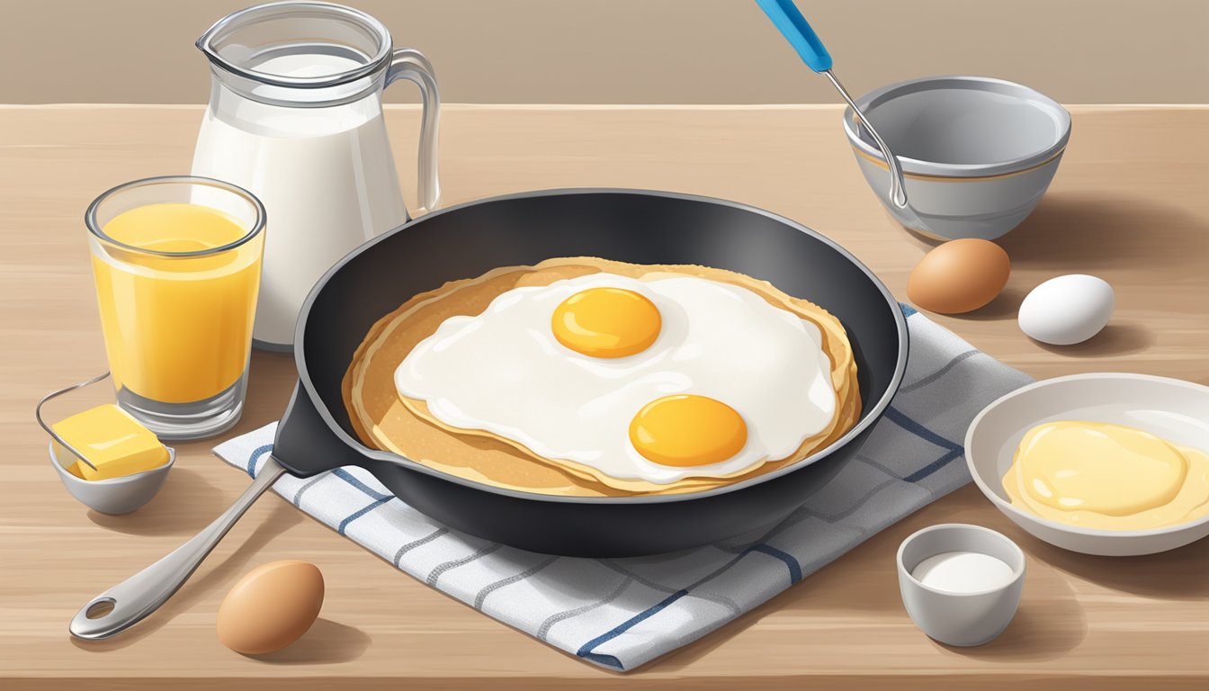 A bowl of bisquick pancake mix with eggs and milk next to it, along with a whisk and measuring cups