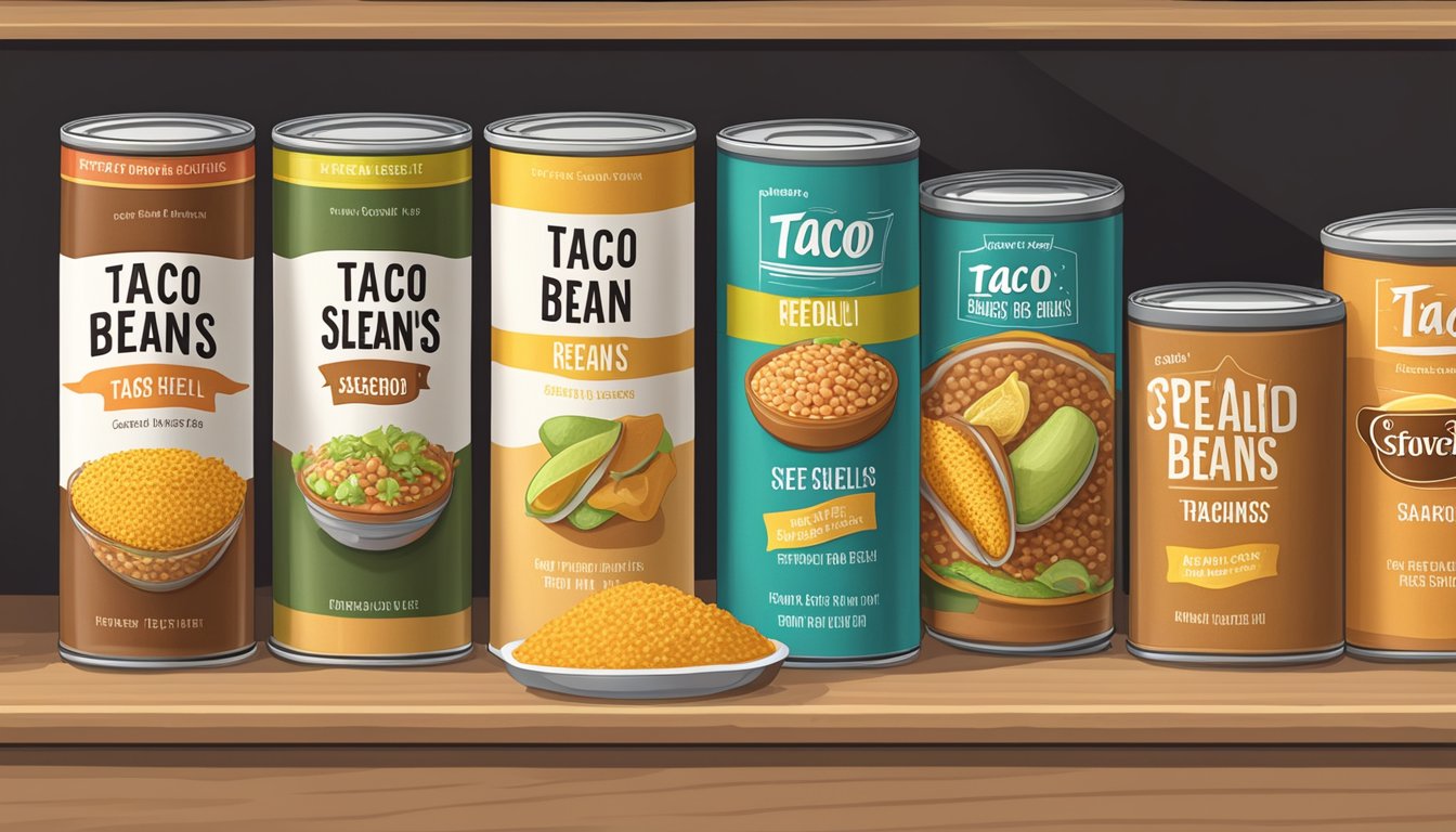 A pantry shelf with a labeled container of taco shells next to a sealed packet of seasoning, and a can of refried beans