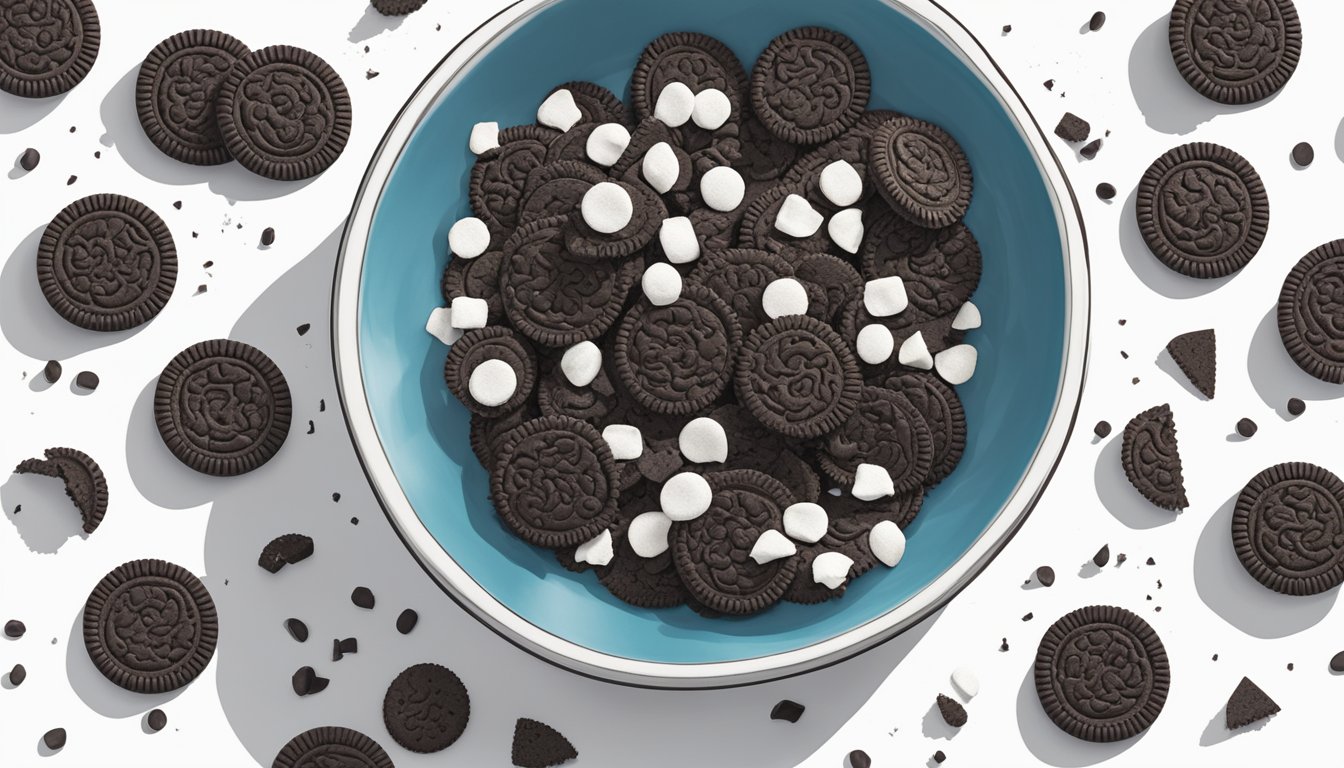 A bowl of crushed Oreo cookie crumbs sits on a clean, white surface, surrounded by scattered cookie pieces and a few whole cookies