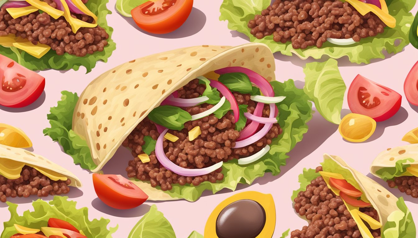 A taco shell cracked open with raw, pink ground beef inside, surrounded by various uncooked ingredients like lettuce, tomato, and cheese