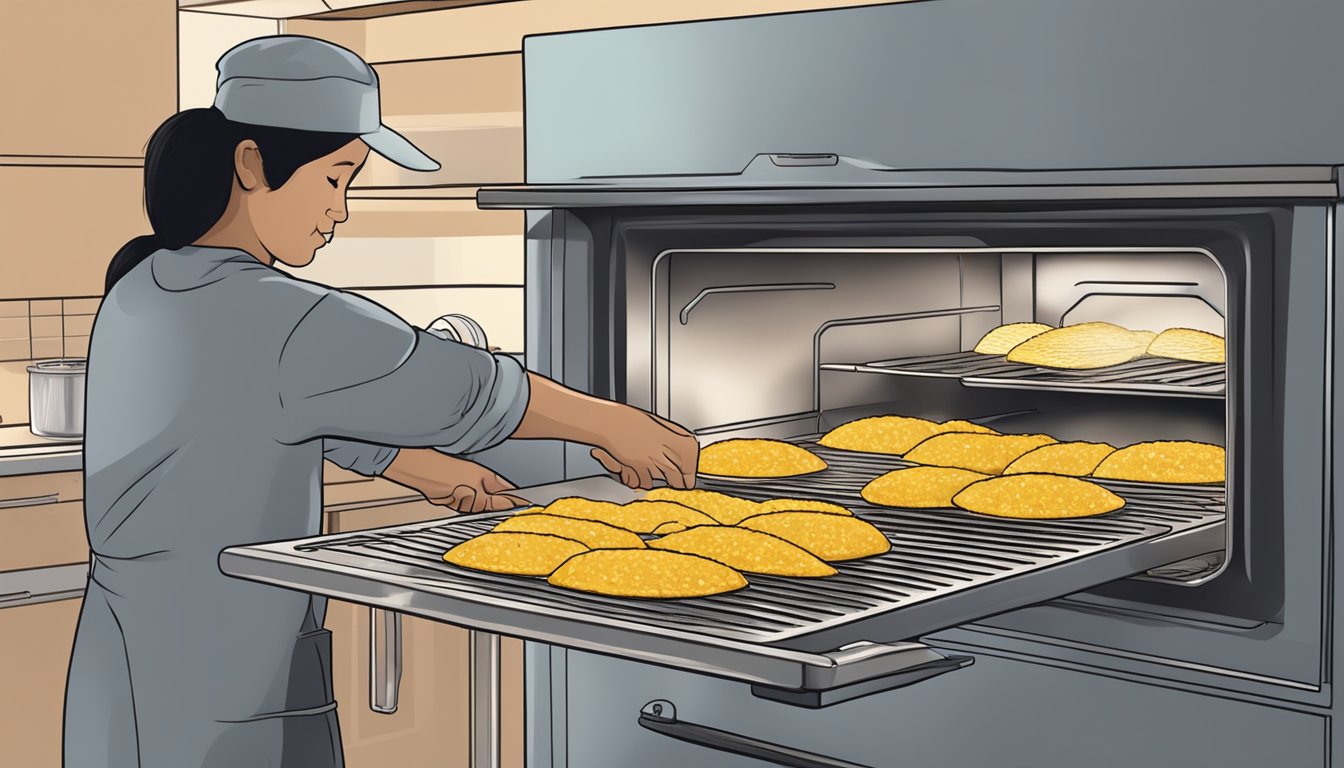 A person cooking Ortega taco shells in an oven, checking the color and texture for doneness