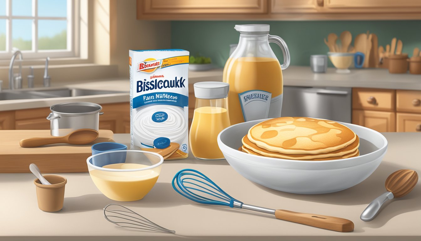 A kitchen counter with a box of Bisquick pancake mix, a mixing bowl, and a whisk. A measuring cup and spoon sit nearby