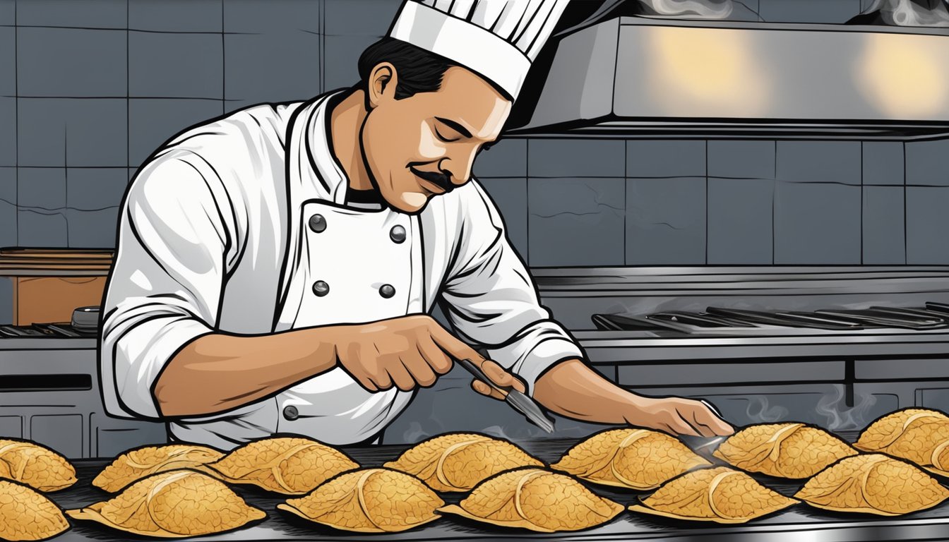 A chef carefully inspects a cracked Ortega taco shell, checking for doneness. Smoke rises from the sizzling shells on a hot griddle