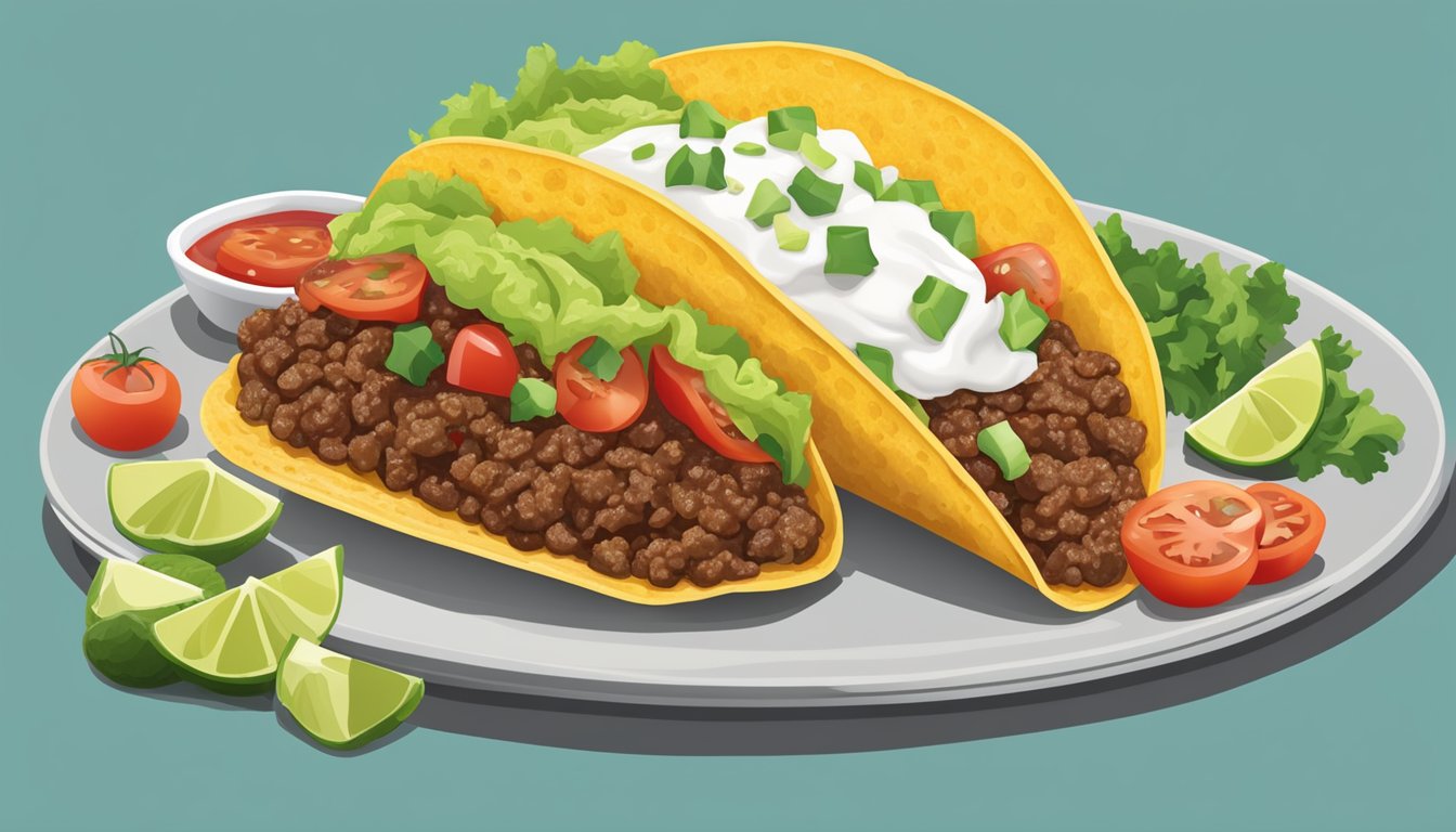 A taco shell being filled with seasoned ground beef, lettuce, tomatoes, cheese, and salsa, with a side of sour cream and guacamole