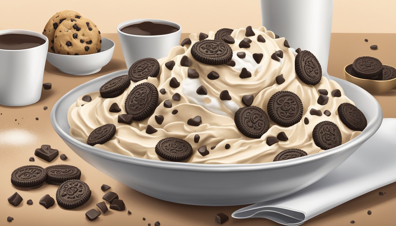 A bowl of raw Oreo cookie crumbs surrounded by cookie dough ice cream, cookie dough bites, and a cookie dough milkshake