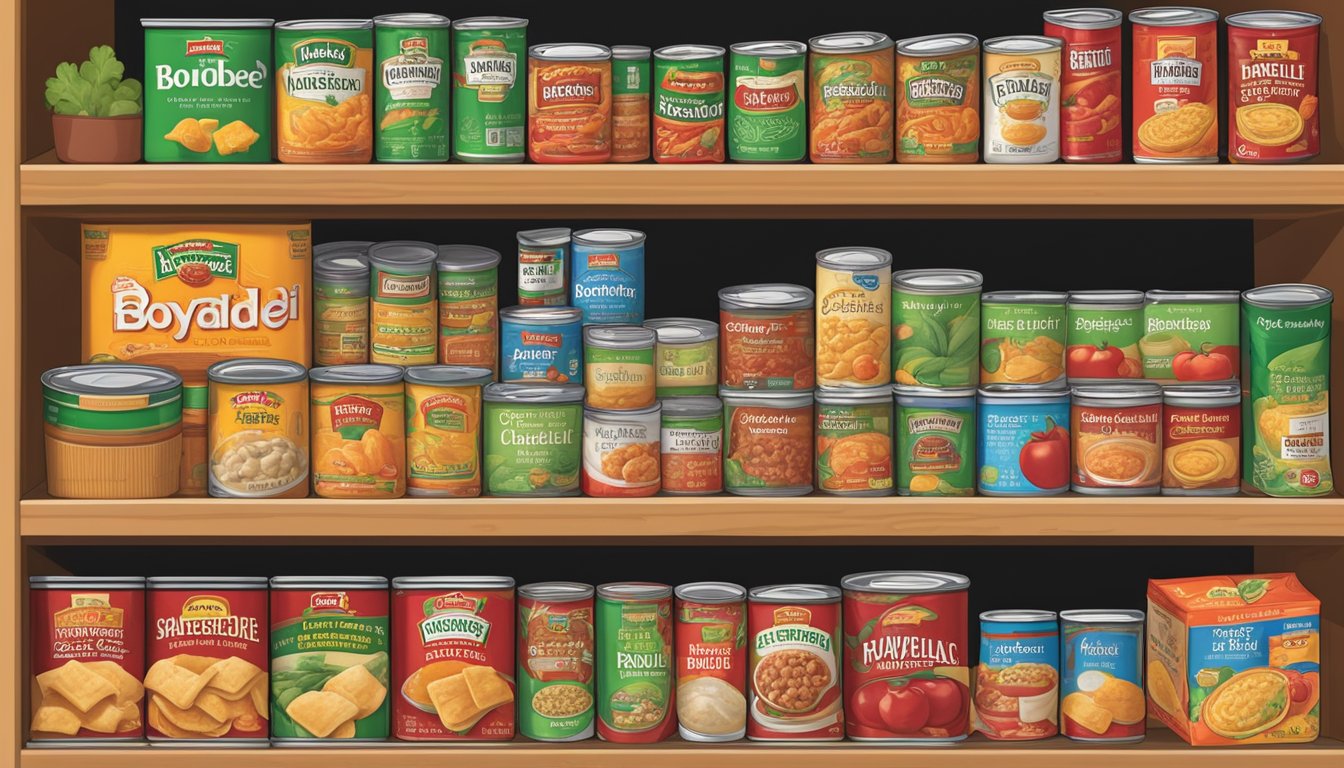 A pantry shelf filled with various canned foods, including Chef Boyardee ravioli, with labels indicating storage conditions and expiration dates