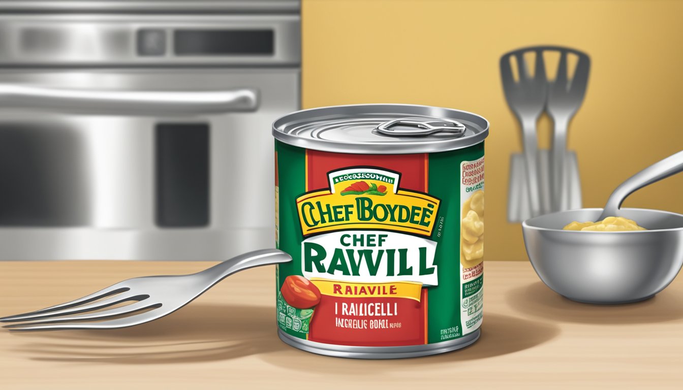 A can of Chef Boyardee ravioli sits on a kitchen counter, with a fork resting on the side. The ravioli inside appears slightly undercooked