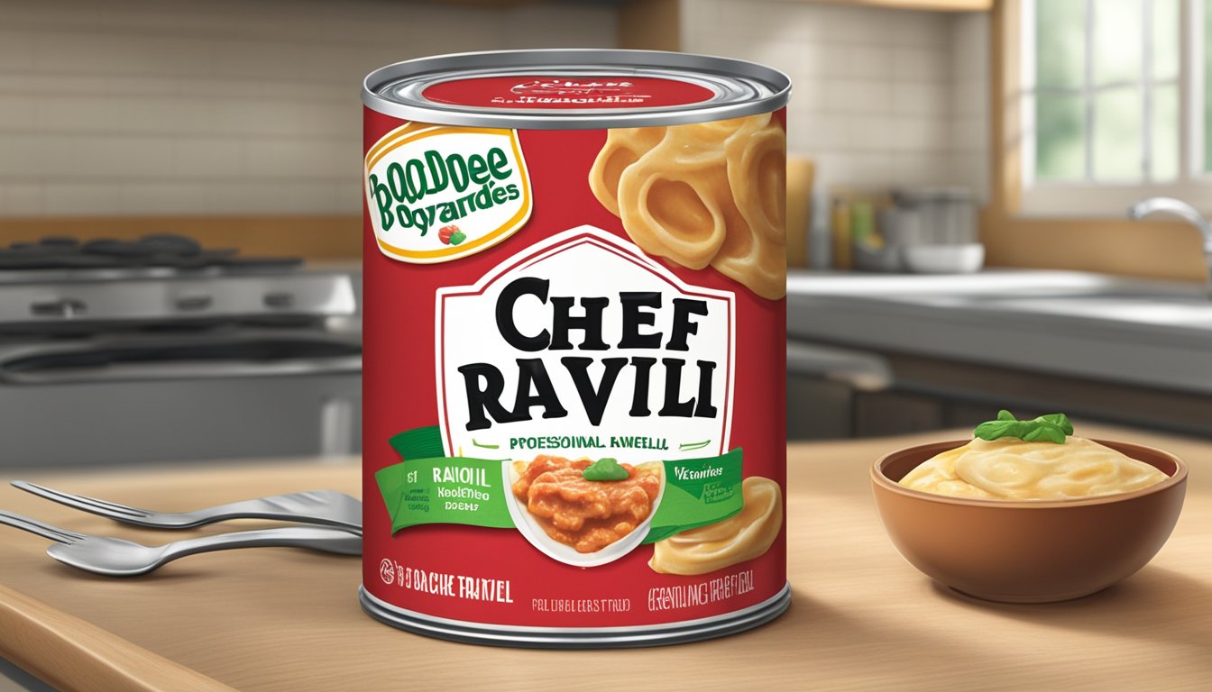 A can of Chef Boyardee ravioli sits on a kitchen counter, with a fork nearby. A warning label is visible on the can