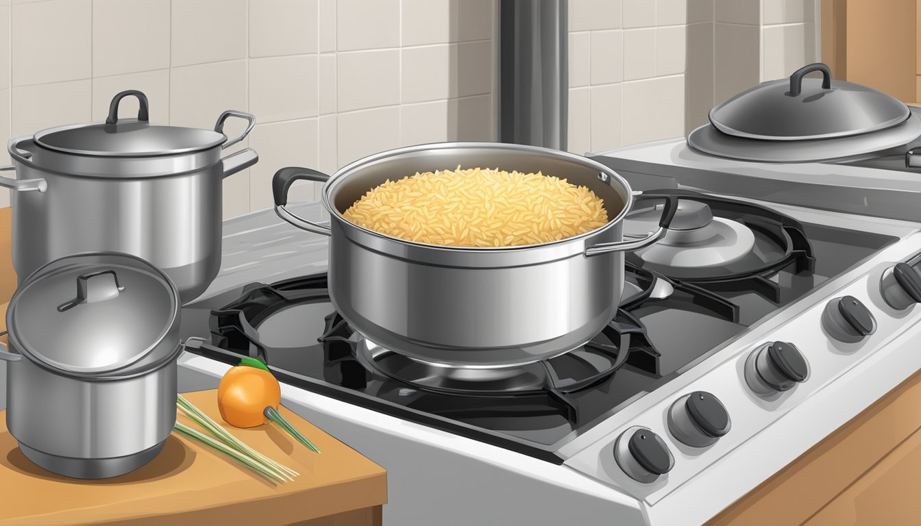 A pot of rice a roni on a stove with a timer set to ensure thorough cooking. A thermometer nearby to check internal temperature