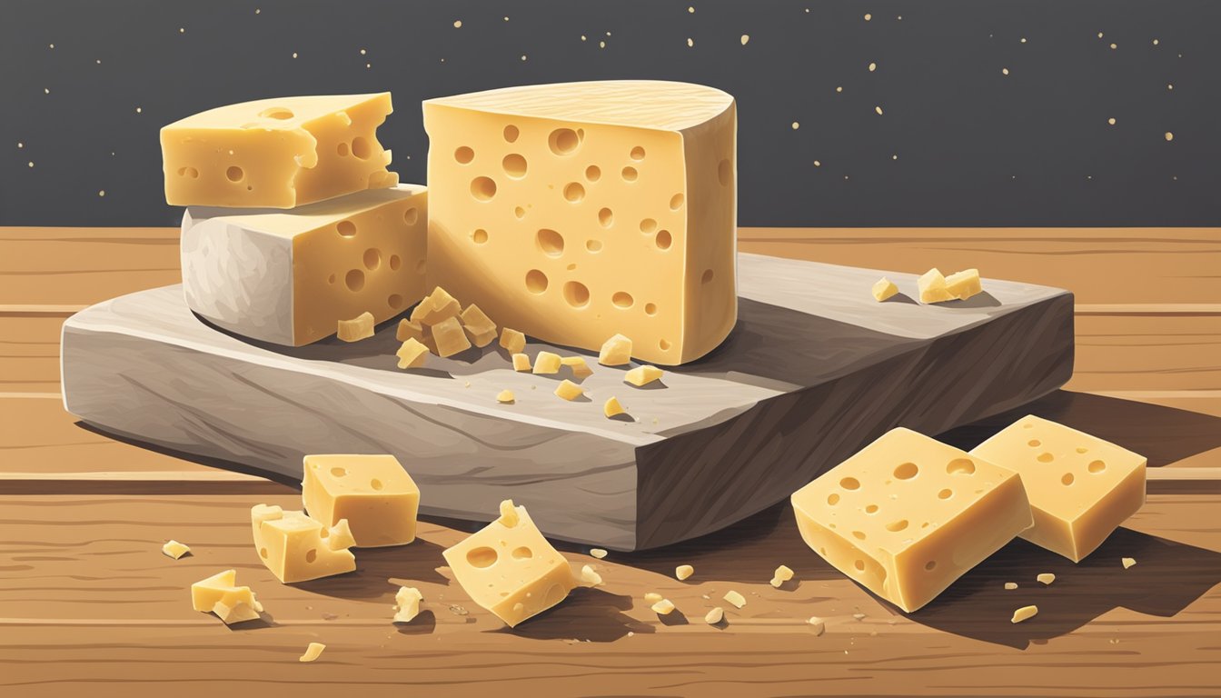 A block of expired Cabot cheddar cheese sits on a wooden cutting board, surrounded by a few scattered crumbs. The cheese appears slightly discolored and has a faint, unpleasant odor