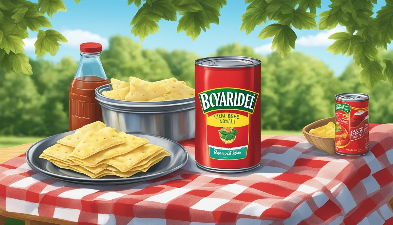 A picnic table set with a can of Chef Boyardee ravioli, surrounded by trees and a clear blue sky