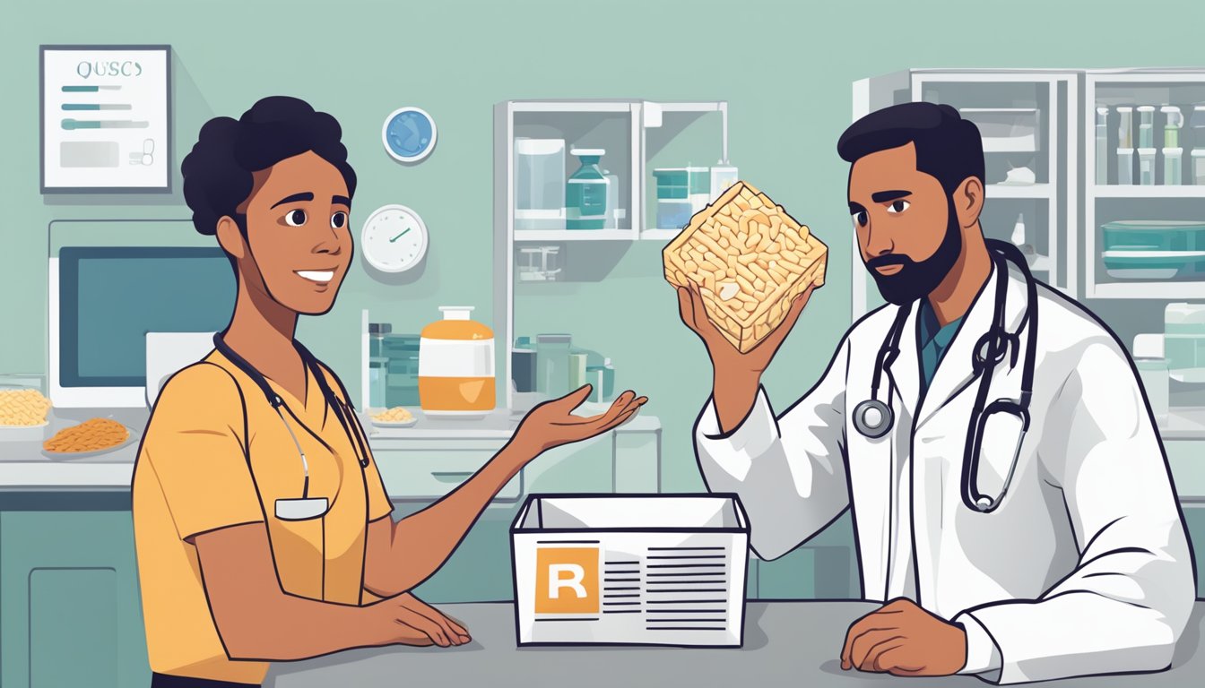 A person holding a box of undercooked Rice-A-Roni with a question mark above their head, while a doctor gestures to seek medical attention