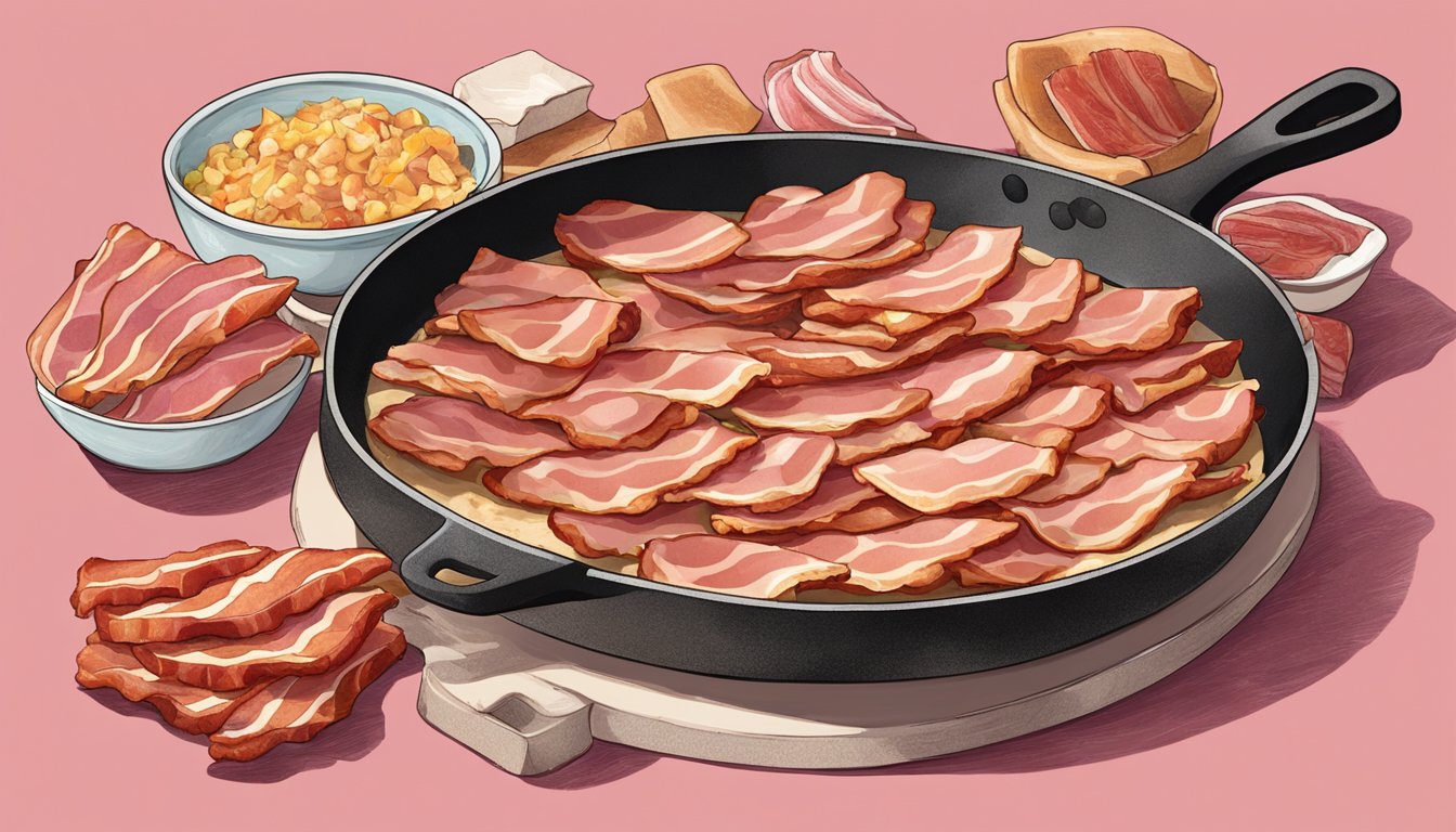 A sizzling skillet with pink Smithfield bacon slices, surrounded by various types of cured bacon and ingredients