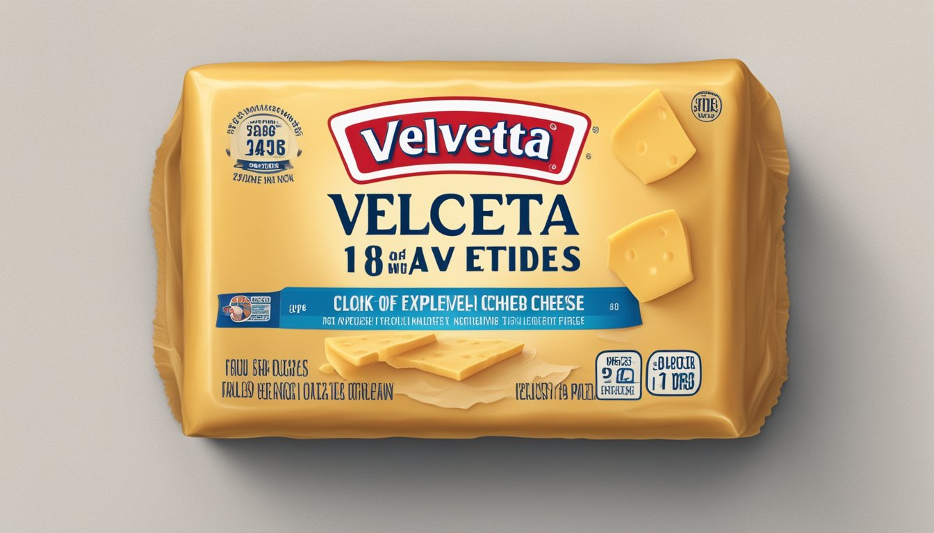 A block of expired Velveeta cheese sits on a kitchen counter, with a faded expiration date and a slightly discolored wrapper