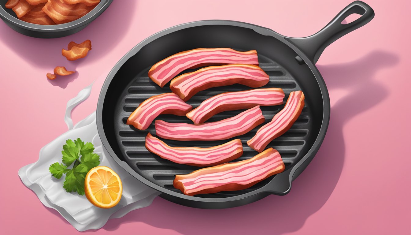 A sizzling pink bacon strip on a skillet, emitting steam