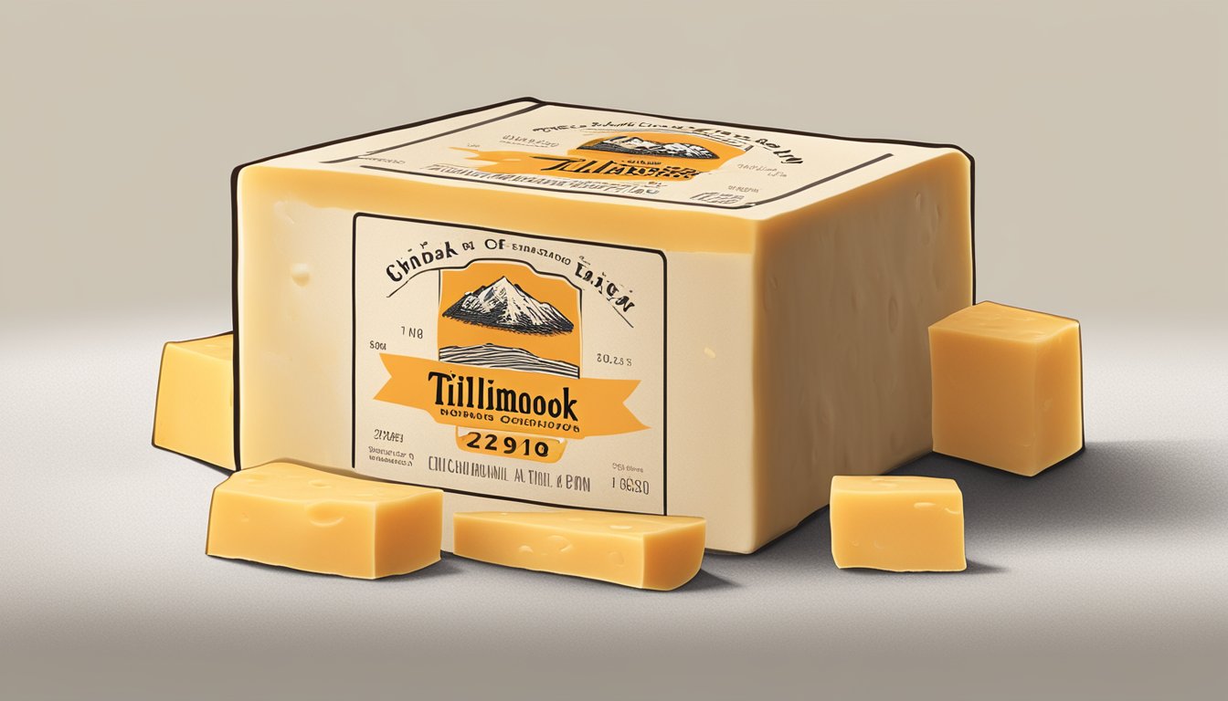 A block of Tillamook cheddar cheese with expiration date visible