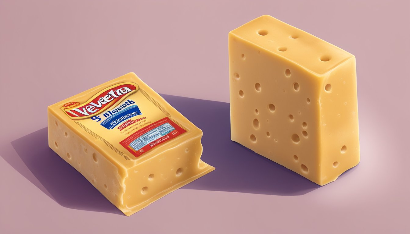 A block of expired Velveeta cheese with visible signs of mold and discoloration