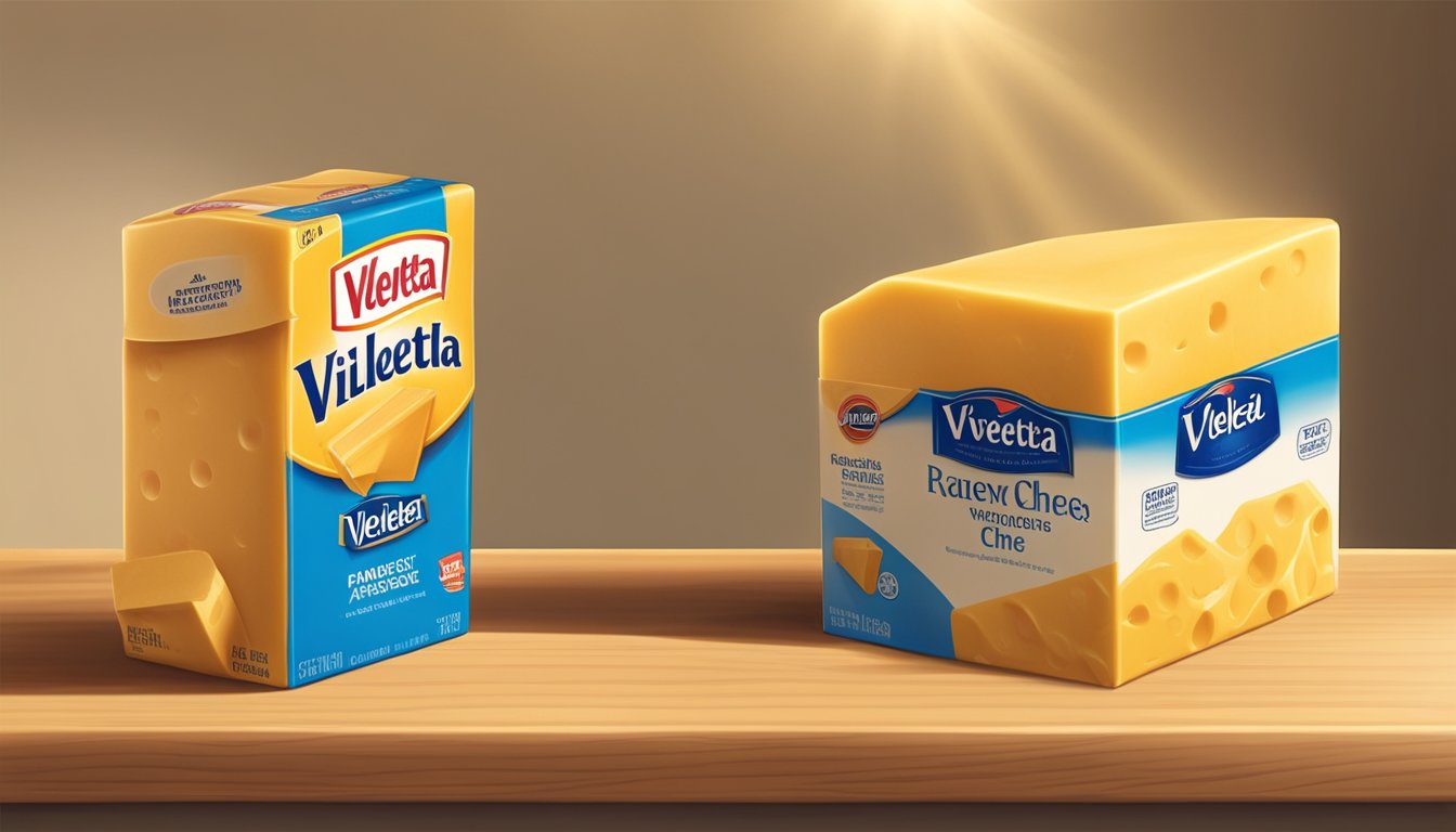 A pantry shelf with a block of Velveeta cheese wrapped in its original packaging, placed away from direct sunlight and at a cool, consistent temperature