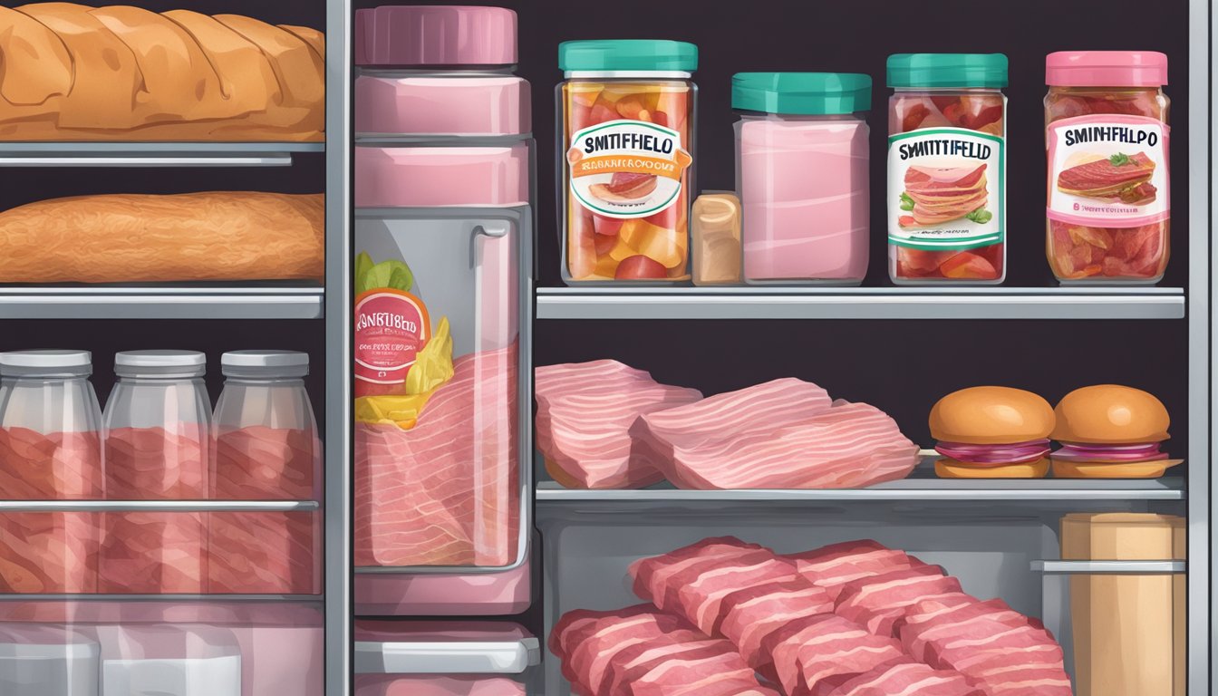 A refrigerator shelf with a package of pink Smithfield bacon, surrounded by other food items and condiments