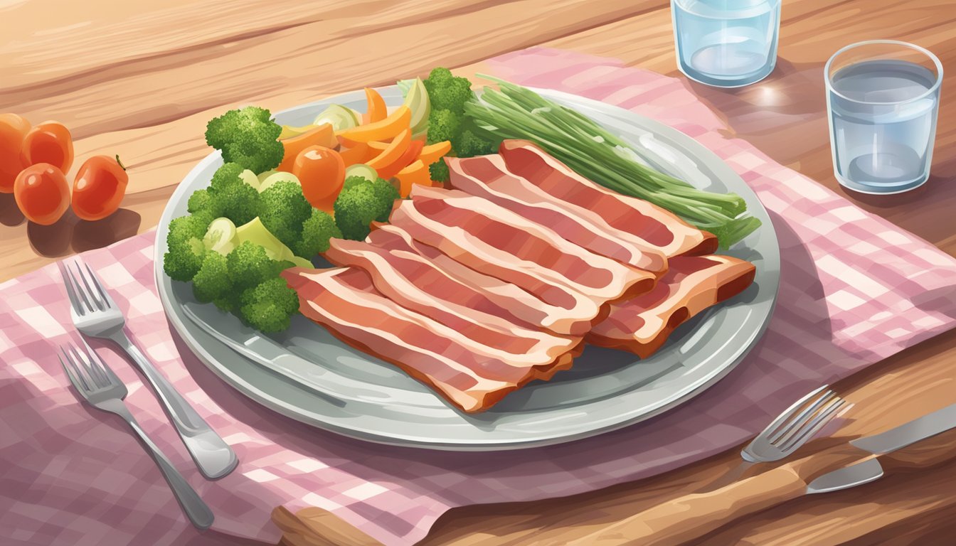 A plate with cooked pink Smithfield bacon, surrounded by fresh vegetables and a glass of water