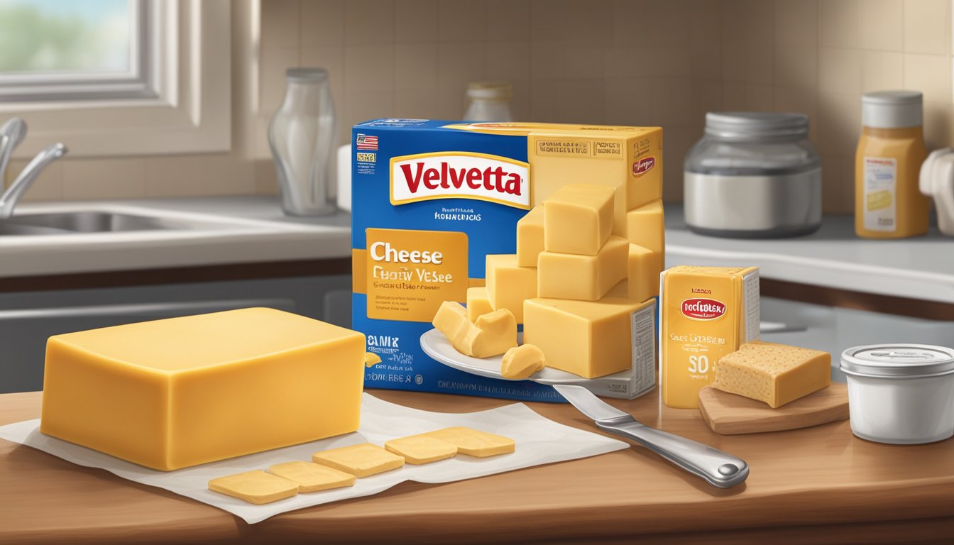 A half-opened package of expired Velveeta cheese sits on a kitchen counter, surrounded by other dairy products and a calendar showing the current date