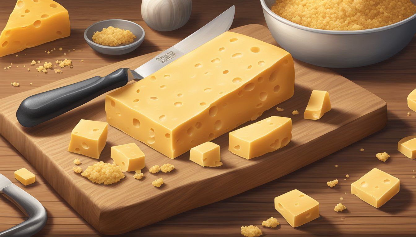 A block of Tillamook cheddar cheese sits on a wooden cutting board, surrounded by a few scattered cheese crumbs. The cheese has a slightly crumbly texture and a golden yellow color