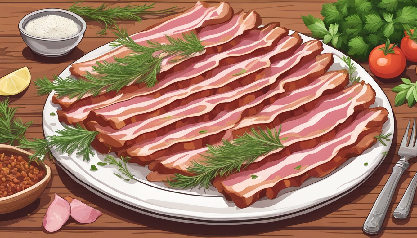 A plate of sizzling pink Smithfield bacon, surrounded by fresh herbs and spices, sits on a rustic wooden table