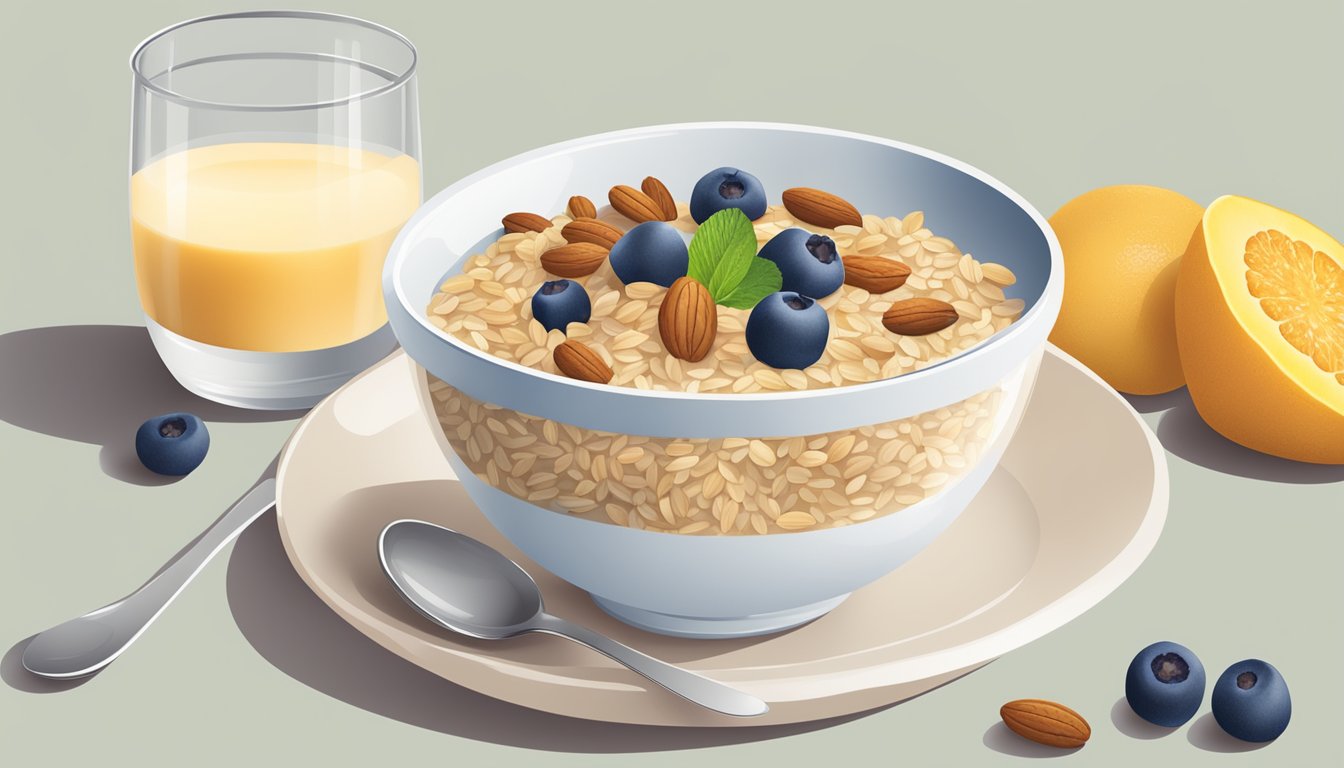 A bowl of raw Quaker oats surrounded by fresh fruits and nuts, with a glass of milk on the side