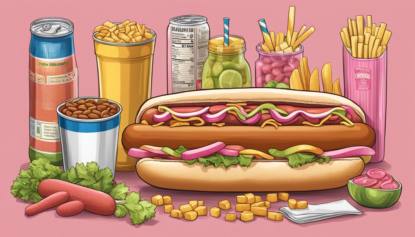 A pack of Pink Hebrew National hot dogs surrounded by various food items and a nutrition label