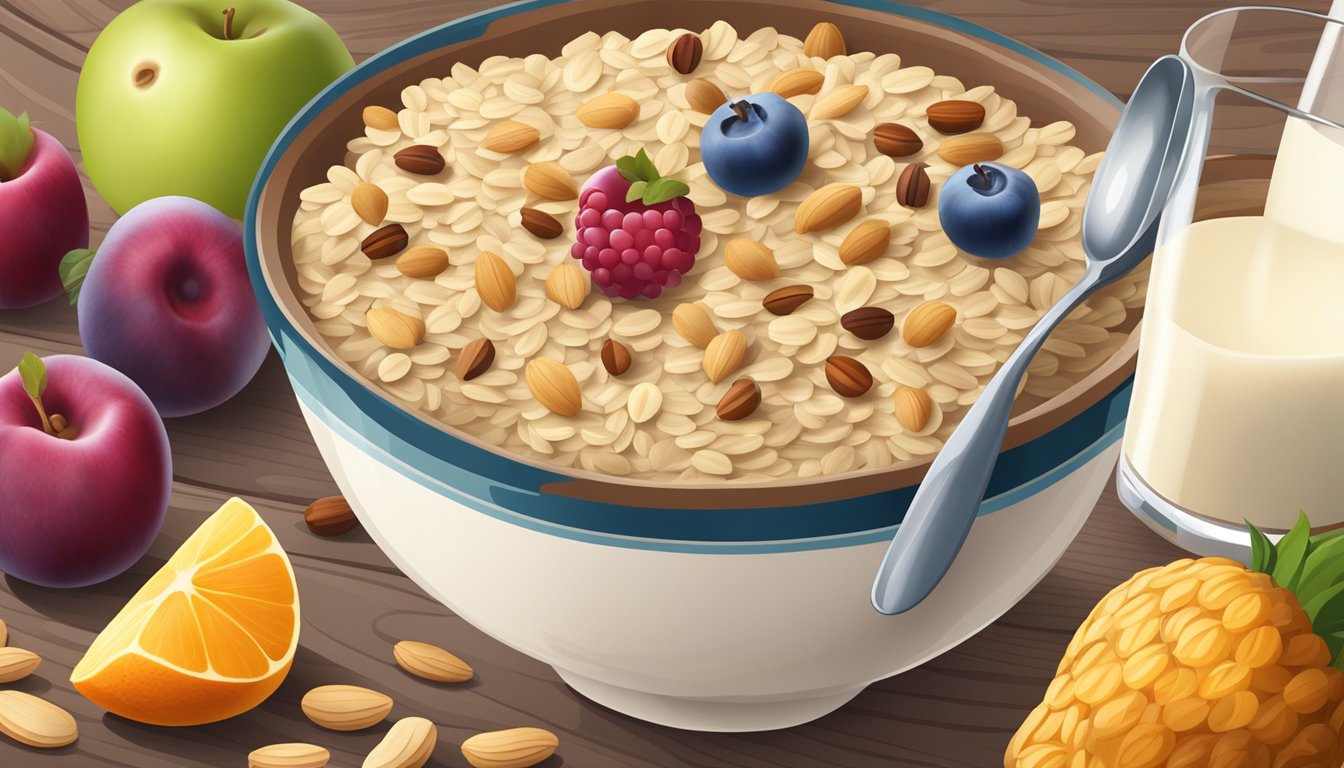 A bowl of raw Quaker oats surrounded by various fruits and nuts, with a spoon and a glass of milk on a wooden table