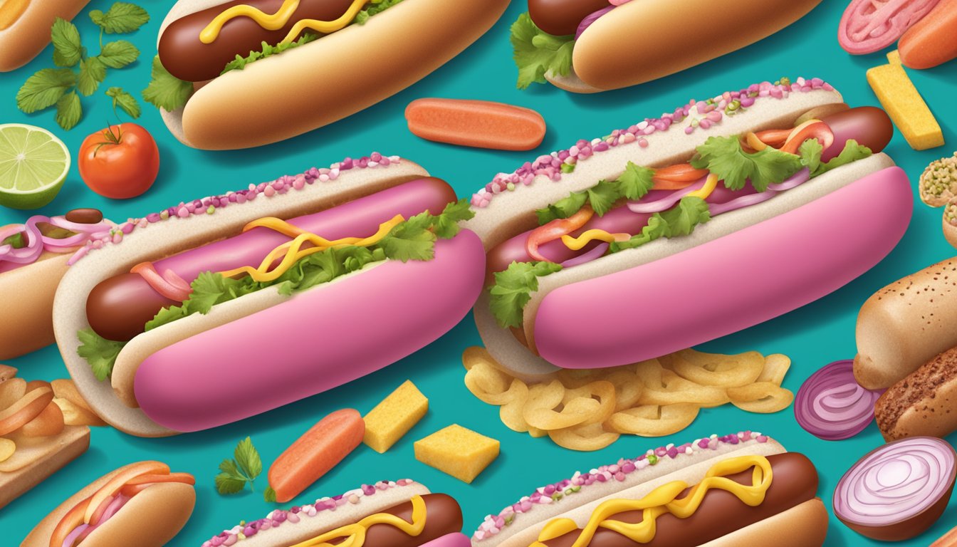 A pack of pink Hebrew National hot dogs surrounded by various ingredients and additives, with a label indicating their safety for consumption