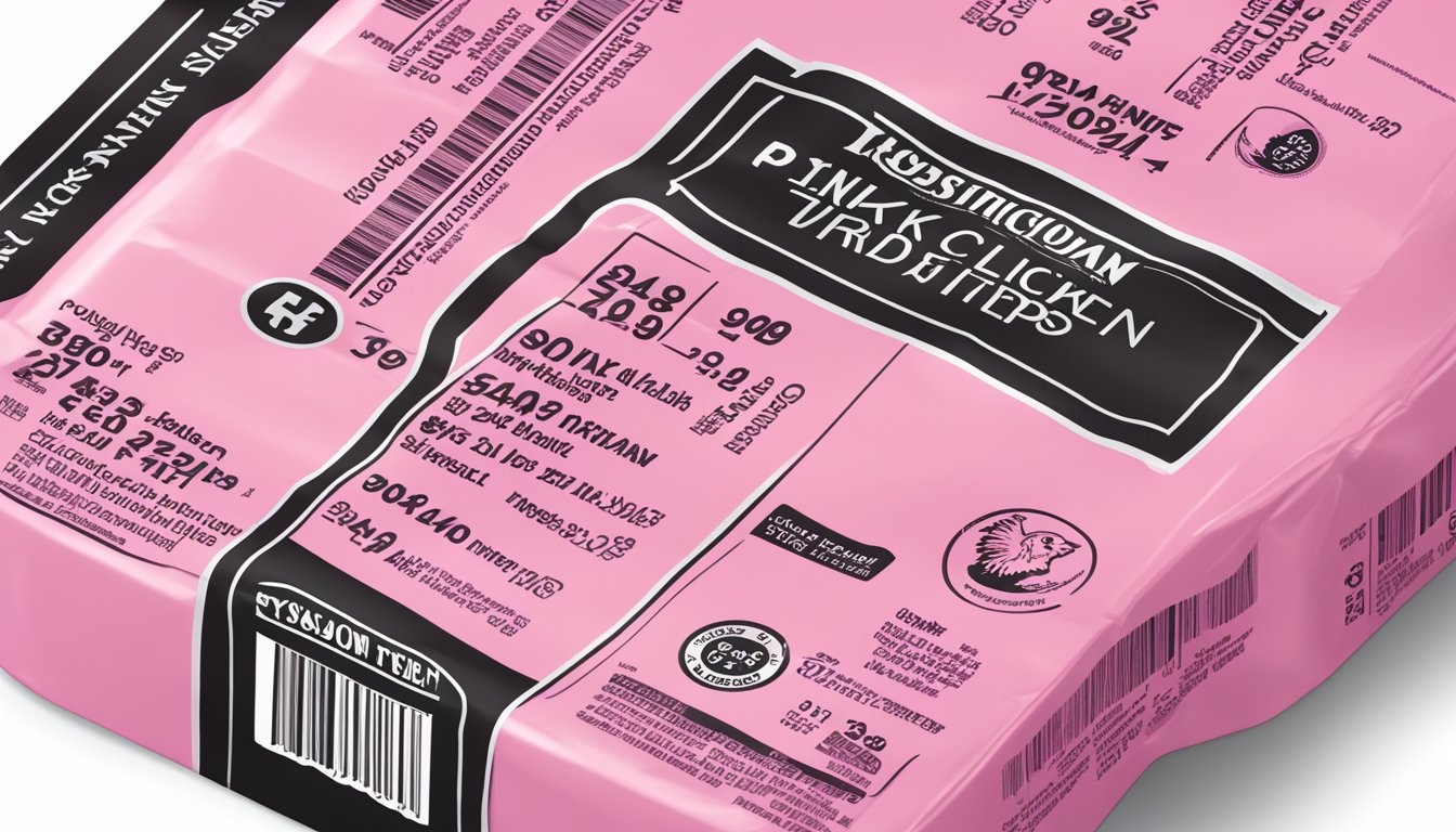 A package of pink Tyson chicken strips with a nutrition label and safety seal