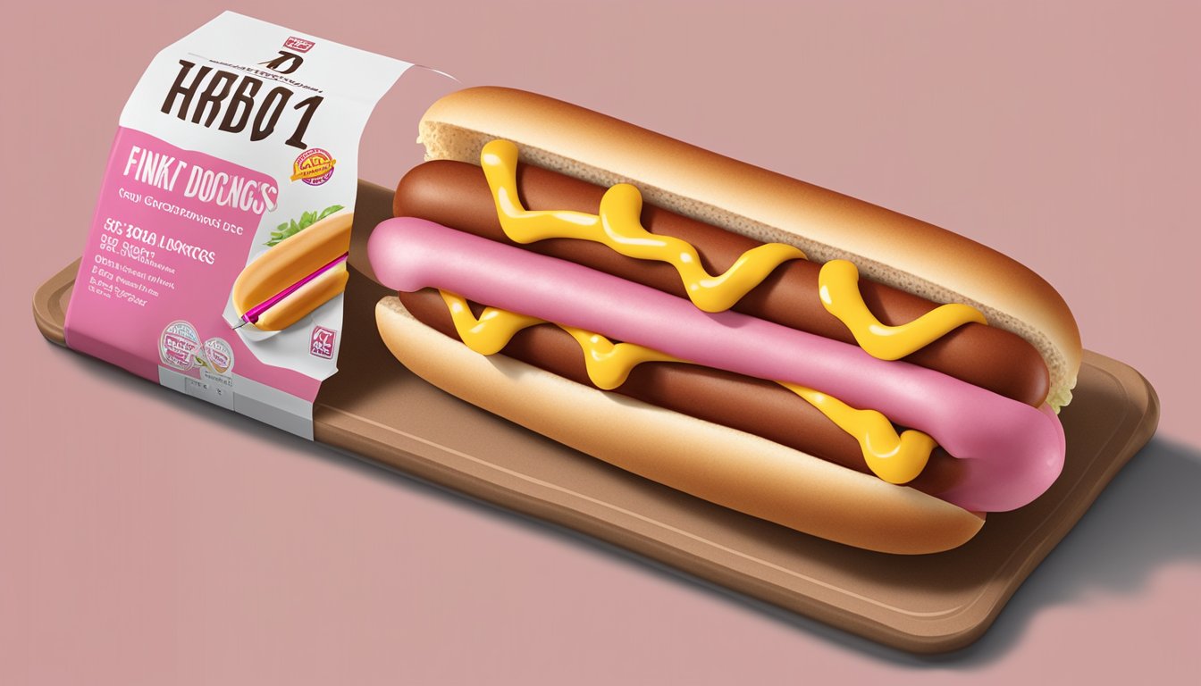 A pack of pink Hebrew National hot dogs on a clean, labeled surface, with a thermometer showing the safe cooking temperature