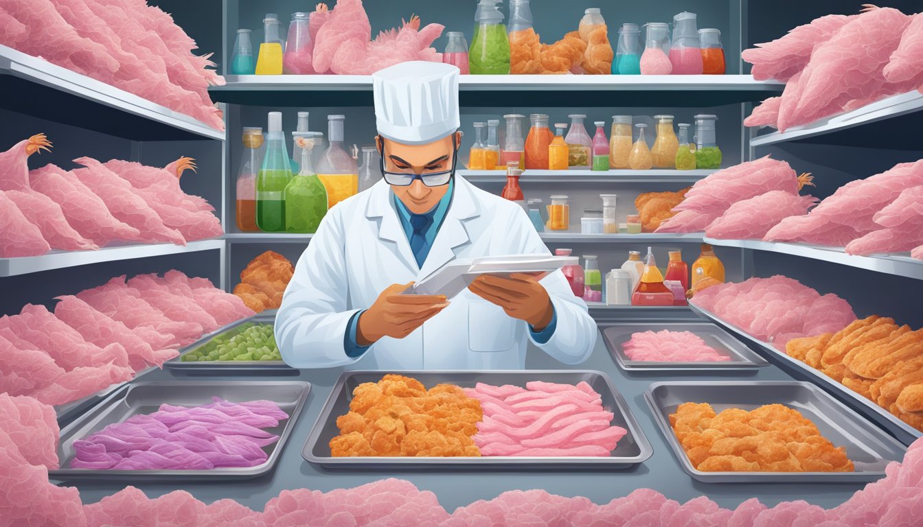 A scientist examines a tray of pink Tyson chicken strips, surrounded by various chemical compounds and food additives