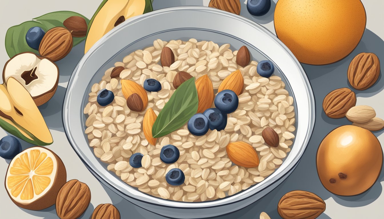 A bowl of raw Quaker oats oatmeal surrounded by various fruits and nuts, with a label indicating "safe for specific diets and health conditions."