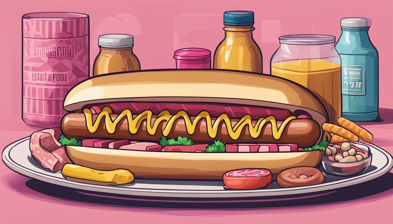 A plate with a pink Hebrew National hot dog, surrounded by various processed meats, with a caution sign next to it