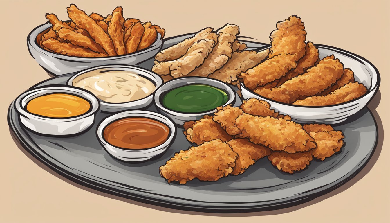 A plate of cooked Tyson chicken strips with a variety of dipping sauces on the side