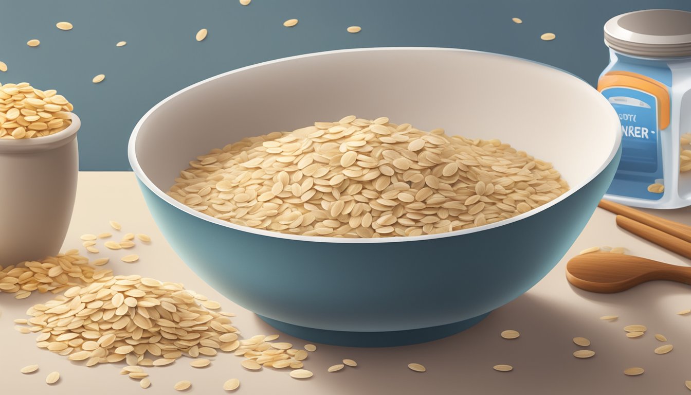 A bowl of uncooked Quaker oats sits on a kitchen counter, surrounded by scattered oats and a measuring cup