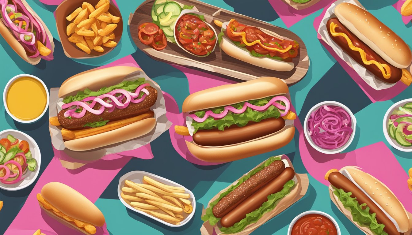 A grill sizzling with various non-traditional hot dog options, including pink Hebrew National hot dogs, surrounded by condiments and buns