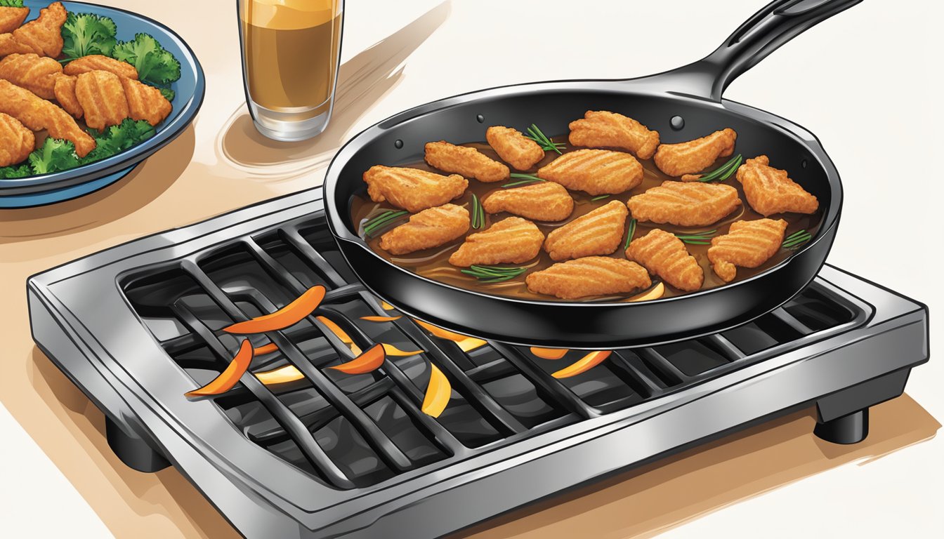 A sizzling skillet with Tyson Chicken Strips being cooked thoroughly to ensure safety and quality