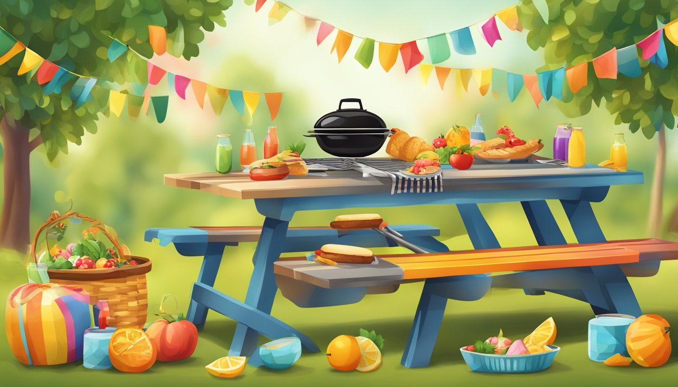 A picnic table with a grill, surrounded by colorful decorations and symbols of different cultural and seasonal celebrations