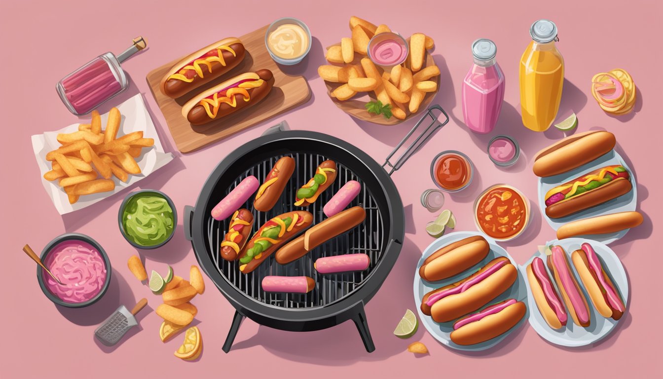 A backyard barbecue with a grill sizzling with pink Hebrew National hot dogs, surrounded by condiments and buns