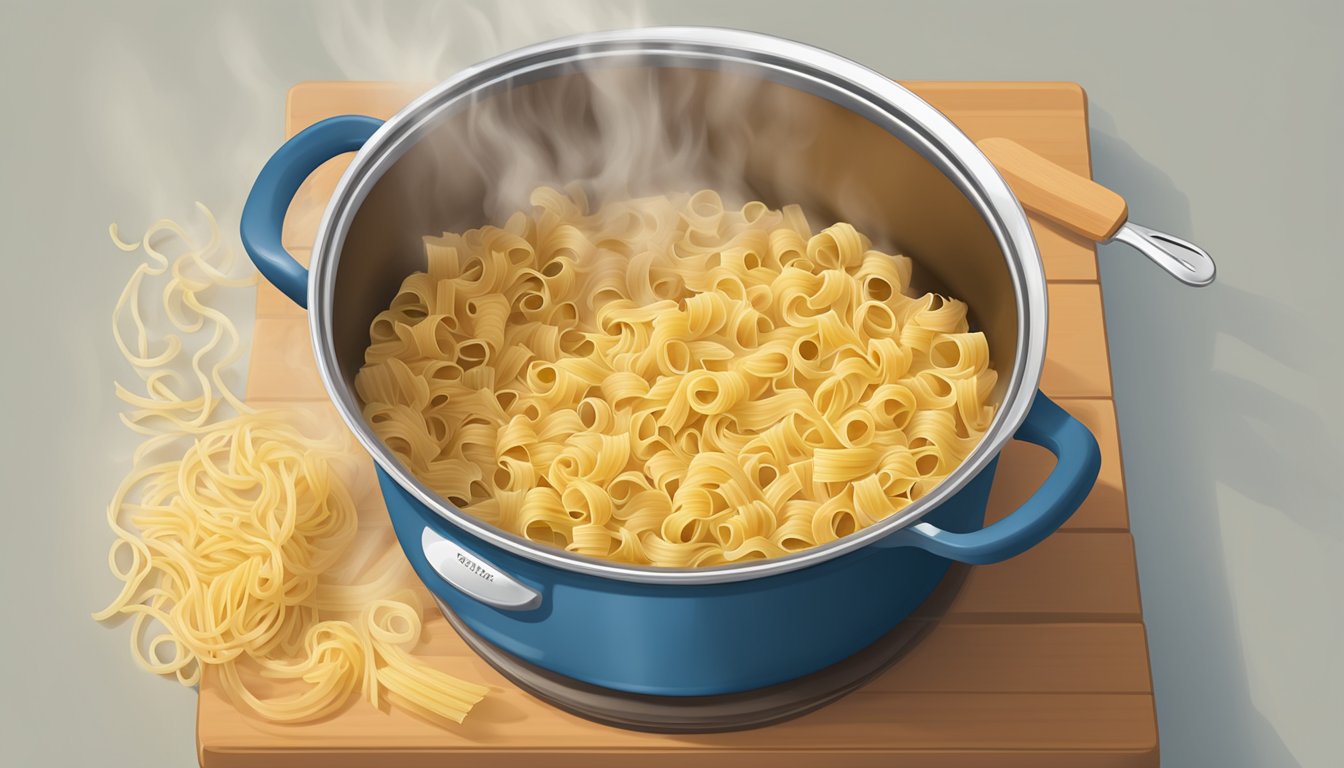 A pot of Pasta Roni simmering on the stove, steam rising, with a fork testing the doneness of the pasta