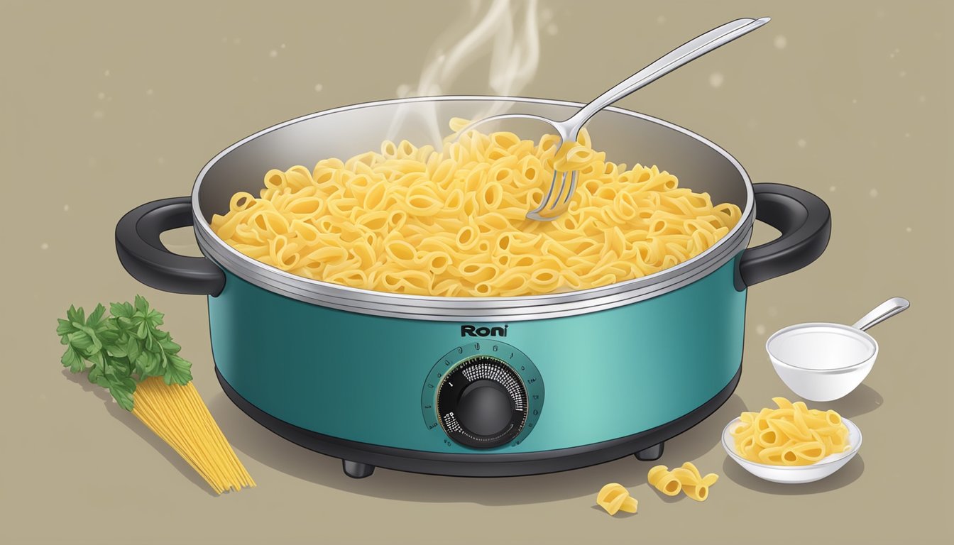 A pot of boiling water with pasta roni inside, a timer, and a fork testing the texture of the cooked pasta