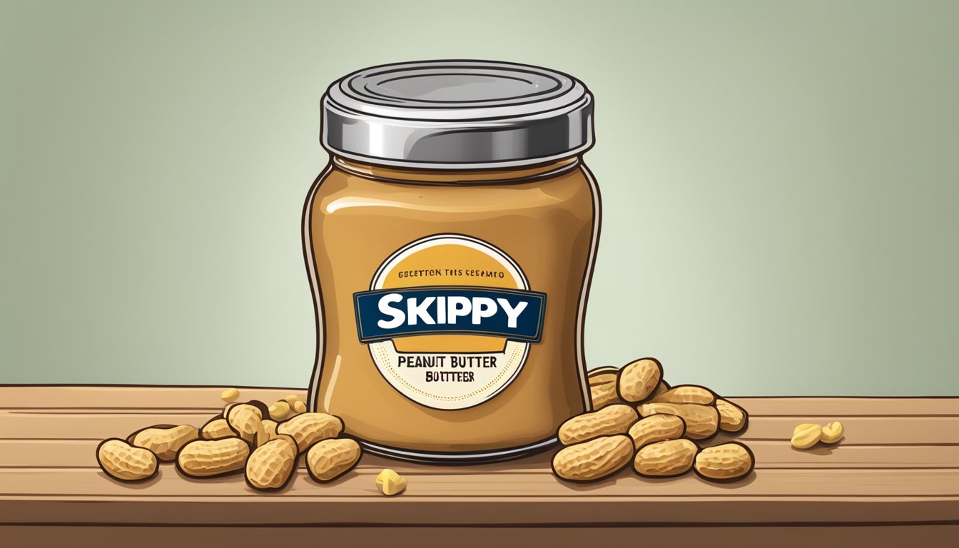 A jar of Skippy peanut butter sits open on a wooden table, surrounded by a few scattered peanuts and a butter knife