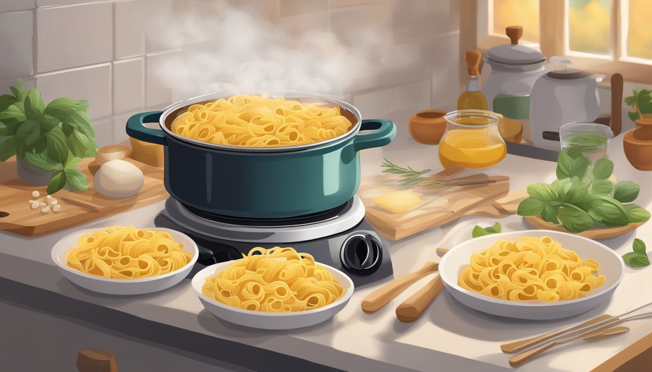 A pot of uncooked Pasta Roni sits on a stovetop, surrounded by ingredients and cooking utensils. The steam rises from the boiling water, filling the kitchen with a warm, comforting aroma