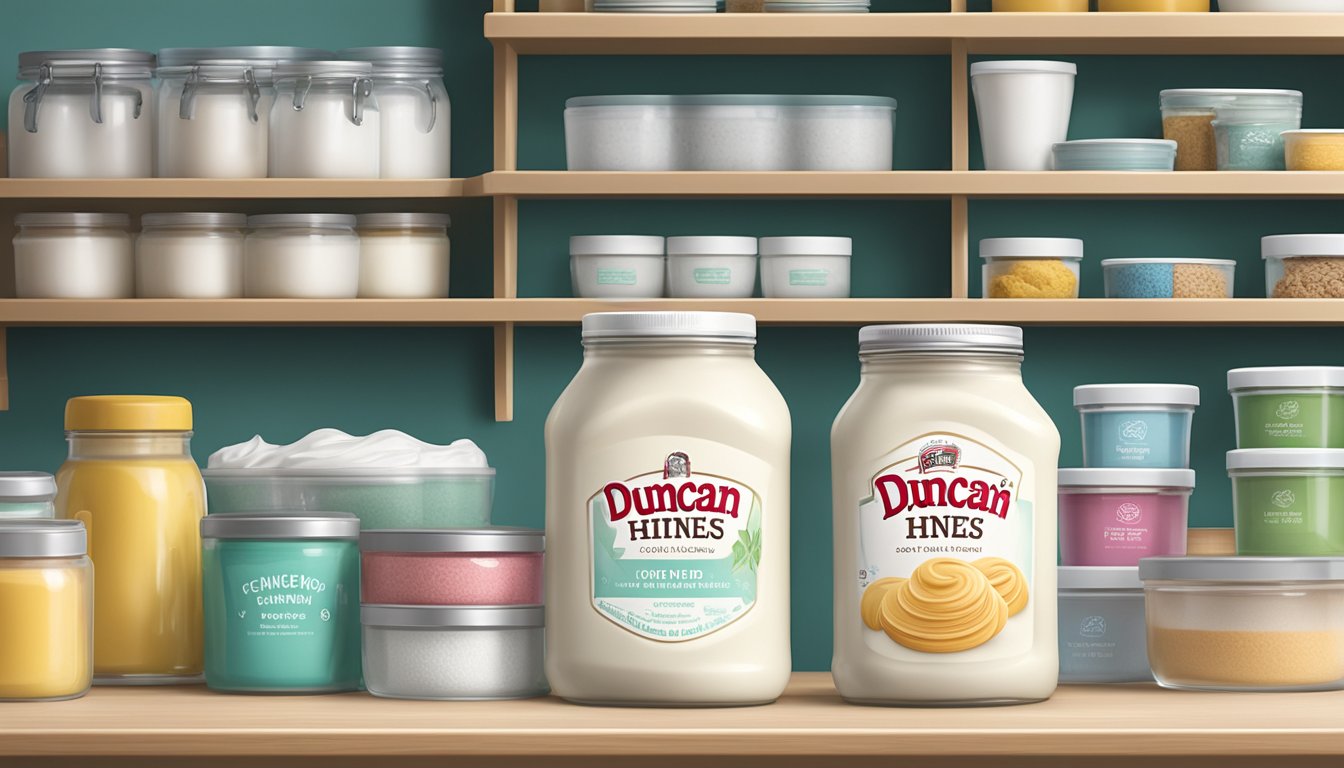 A jar of Duncan Hines frosting sits on a clean, organized shelf in a pantry, surrounded by other baking supplies